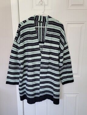 Talbots Open Long Cardigan Women's Size 2XL Black with Mint striped classic Cozy
